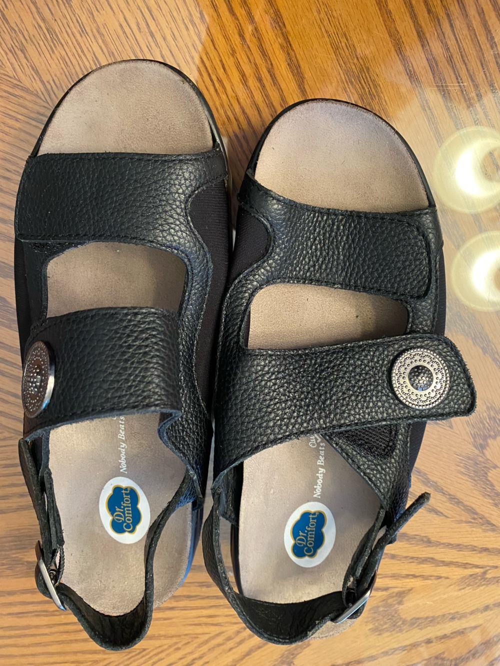 Dr. Comfort Women's Black Leather Adjustable Slide Sandals